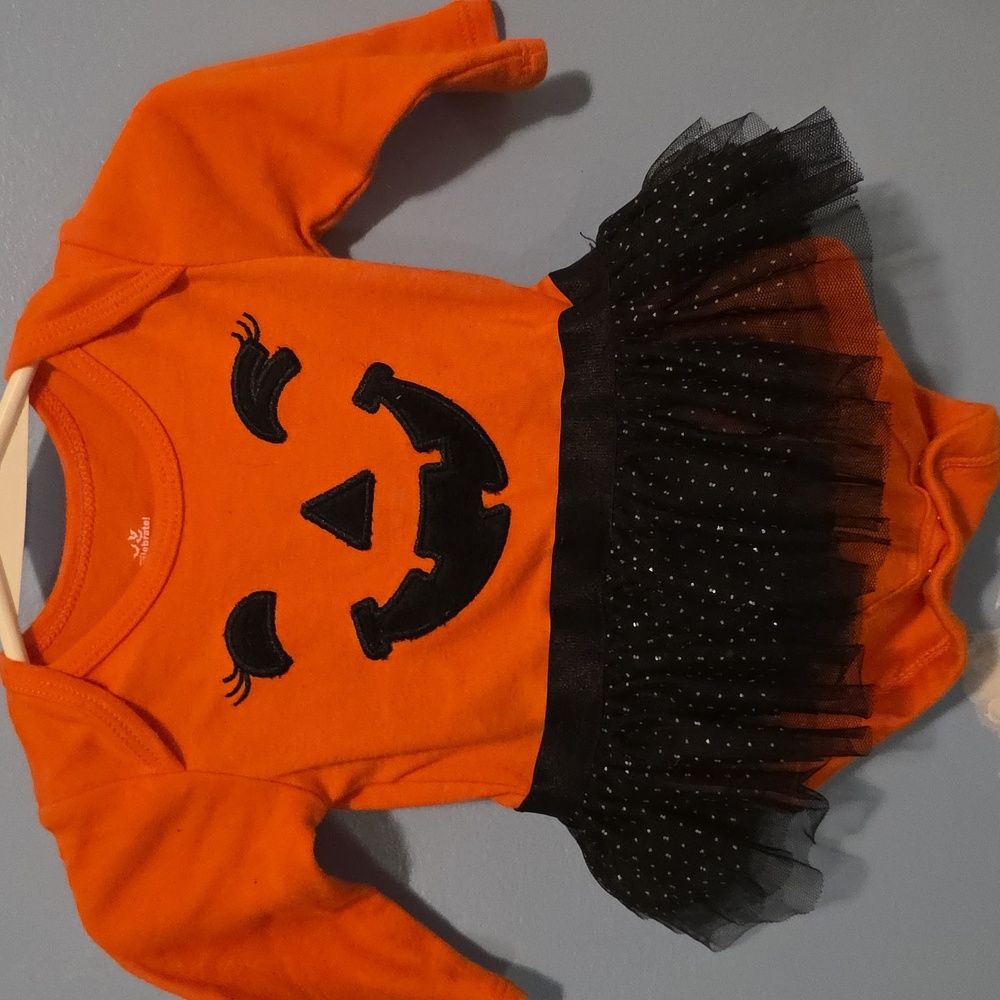Pumpkin Face Halloween Onesie with Tutu - Orange and Black